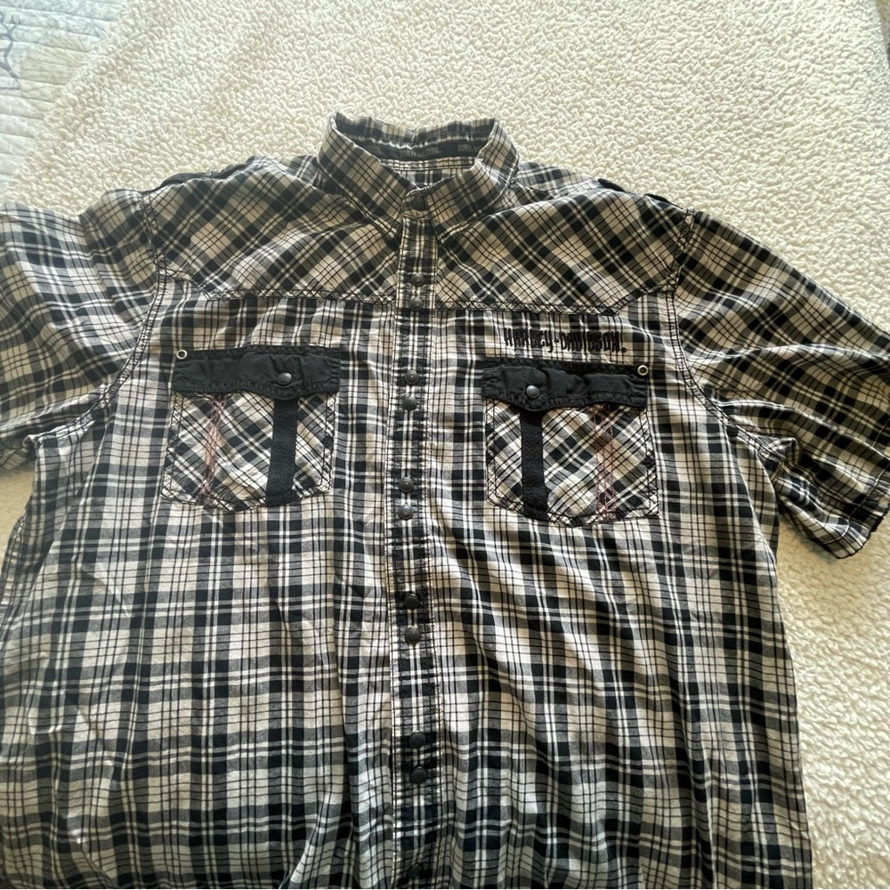Harley-Davidson Black and White Plaid Short Sleeve Button-Down
